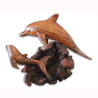 Wooden 2 Dolphin With Parasite Wood Hand Made From Hibiscus Wood