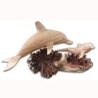 Wooden 2 Dolphin With Parasite Wood Hand Made From Hibiscus Wood