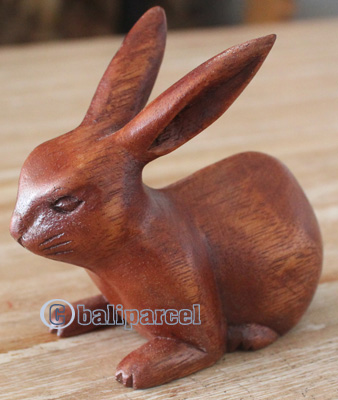 Wooden Small  Rabbit, Hand Made From Suar Wood Brown Polished