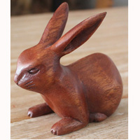 Wooden Small  Rabbit, Hand Made From Suar Wood Brown Polished