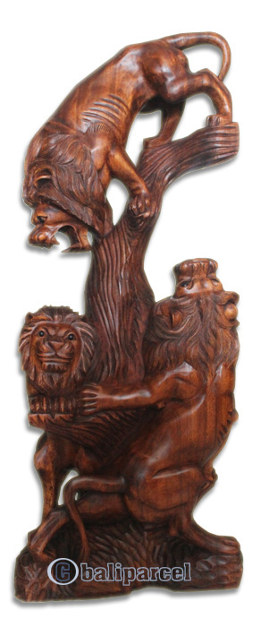 Wooden 3 Lion Hand Carved From Suar Wood With Brown Polished