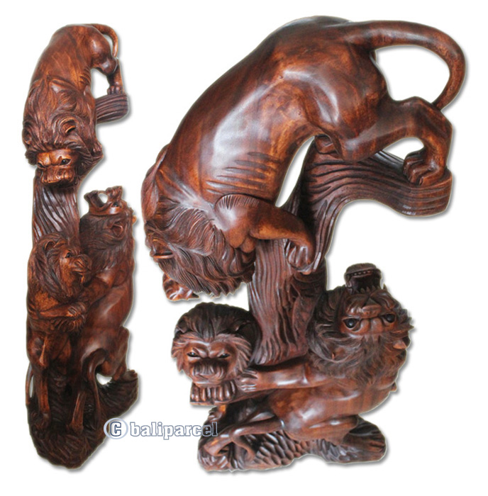 Wooden 3 Lion Hand Carved From Suar Wood With Brown Polished