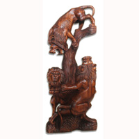 Wooden 3 Lion Hand Carved From Suar Wood With Brown Polished
