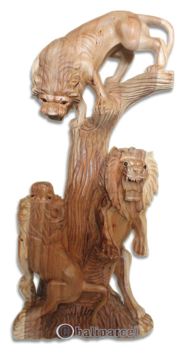 Wooden 3 Lion Hand Carved From Suar Wood With Natural Polished
