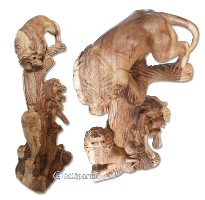 Wooden 3 Lion Hand Carved From Suar Wood With Natural Polished