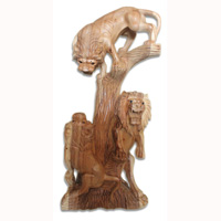 Wooden 3 Lion Hand Carved From Suar Wood With Natural Polished