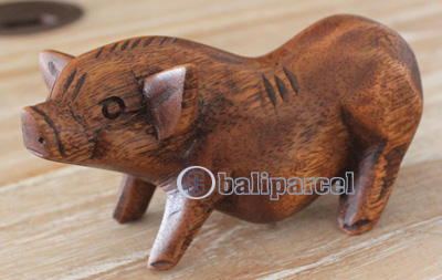 Wooden Pig Hand Carved From Suar Wood With Brown Polished