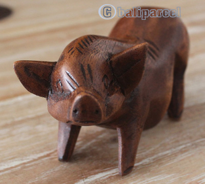 Wooden Pig Hand Carved From Suar Wood With Brown Polished