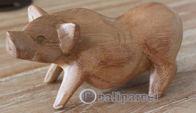 Wooden Pig Hand Carved From Suar Wood With Natural Polished