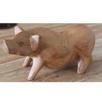 Wooden Pig Hand Carved From Suar Wood With Natural Polished