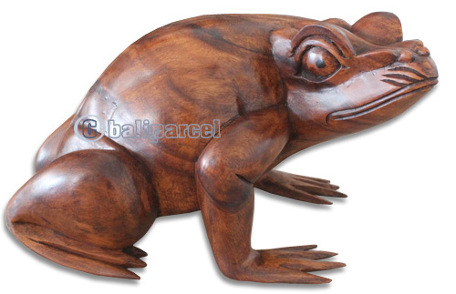 Wooden Frog Hand Carved From Suar Wood With Brown Polished
