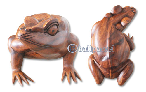 Wooden Frog Hand Carved From Suar Wood With Brown Polished