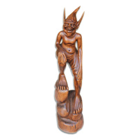 Wooden Alient Handcrafted From Suar Wood With Brown Polished