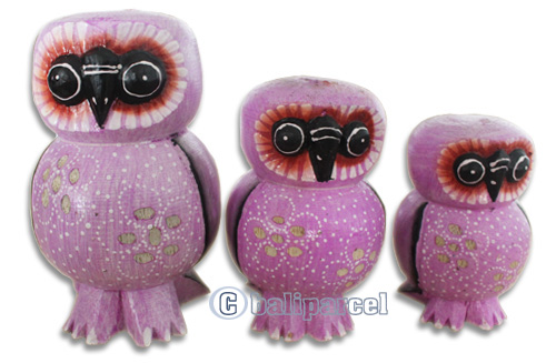 Wooden Owl Set Of 3, Hand Carved From Albesia Wood