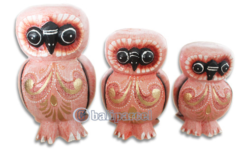 Wooden Owl Set Of 3, Hand Carved From Albesia Wood