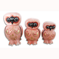 Wooden Owl Set Of 3, Hand Carved From Albesia Wood