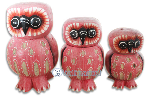 Wooden Owl Set Of 3, Hand Carved From Albesia Wood