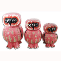 Wooden Owl Set Of 3, Hand Carved From Albesia Wood
