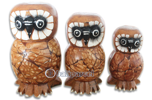 Wooden Owl Set Of 3, Hand Carved From Albesia Wood
