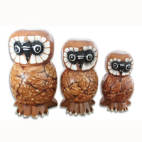 Wooden Owl Set Of 3, Hand Carved From Albesia Wood
