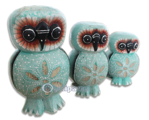 Wooden Owl Set Of 3, Hand Carved From Albesia Wood