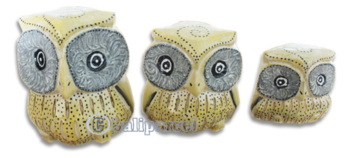 Wooden Owl Set Of 3, Hand Carved From Albesia Wood