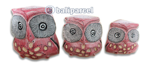 Wooden Owl Set Of 3, Hand Carved From Albesia Wood