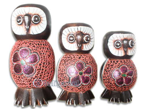 Wooden Owl Set Of 3, Hand Carved From Albesia Wood