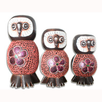 Wooden Owl Set Of 3, Hand Carved From Albesia Wood