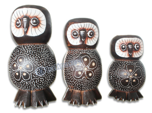 Wooden Owl Set Of 3, Hand Carved From Albesia Wood