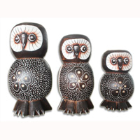 Wooden Owl Set Of 3, Hand Carved From Albesia Wood