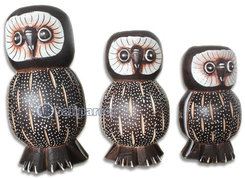 Wooden Owl Set Of 3, Hand Carved From Albesia Wood