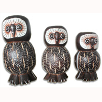 Wooden Owl Set Of 3, Hand Carved From Albesia Wood