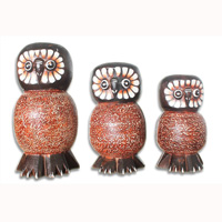 Wooden Owl Set Of 3, Hand Carved From Albesia Wood