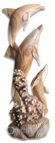Wooden 3 Dolphins, Hand Carved From Suar Wood