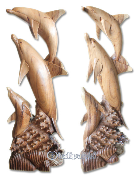 Wooden 3 Dolphins, Hand Carved From Suar Wood