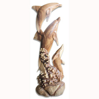 Wooden 3 Dolphins, Hand Carved From Suar Wood
