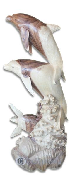 Wooden 2 Dolphins And Turtle, Hand Carved From Suar Wood
