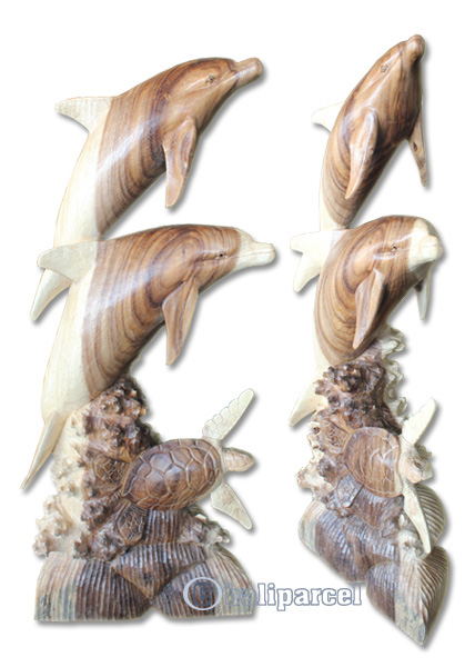 Wooden 2 Dolphins And Turtle, Hand Carved From Suar Wood