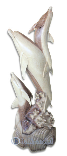 Wooden 3 Dolphins, Hand Carved From Suar Wood