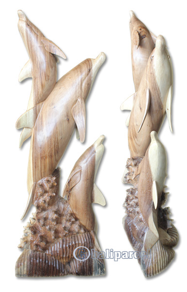 Wooden 3 Dolphins, Hand Carved From Suar Wood