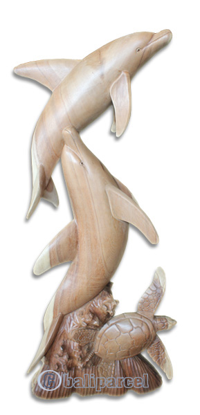 Wooden 2 Dolphins And Turtle, Hand Carved From Suar Wood