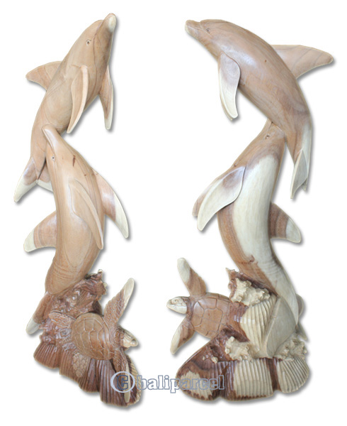 Wooden 2 Dolphins And Turtle, Hand Carved From Suar Wood