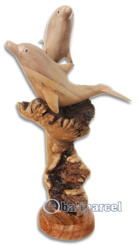 Wooden 2 Dolphins With Parasite, Hand Carved From Waru Wood