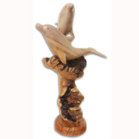 Wooden 2 Dolphins With Parasite, Hand Carved From Waru Wood