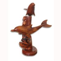 Wooden 2 Dolphins With Parasite, Hand Carved From Waru Wood