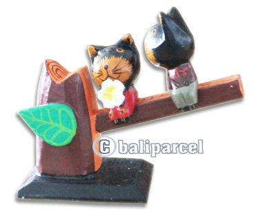 Wooden Cat With Painted, Hand Carved From Albesia Wood