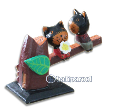 Wooden Cat With Painted, Hand Carved From Albesia Wood
