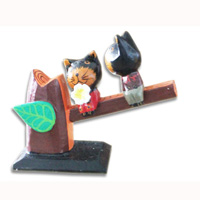 Wooden Cat With Painted, Hand Carved From Albesia Wood