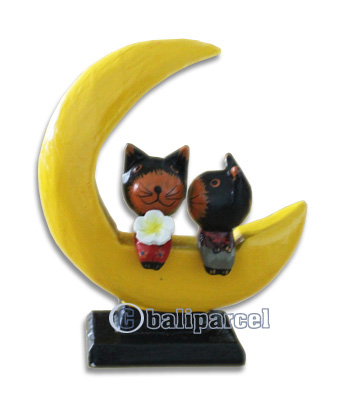 Wooden Cat With Painted, Hand Carved From Albesia Wood